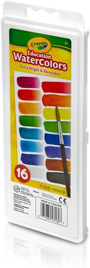 Crayola Watercolor Paint Set (16 Count), School Supplies Essentials, Washable Paint for Kids, 1 Paint Brush, Arts & Crafts, Assorted Colors, Ages 4+
