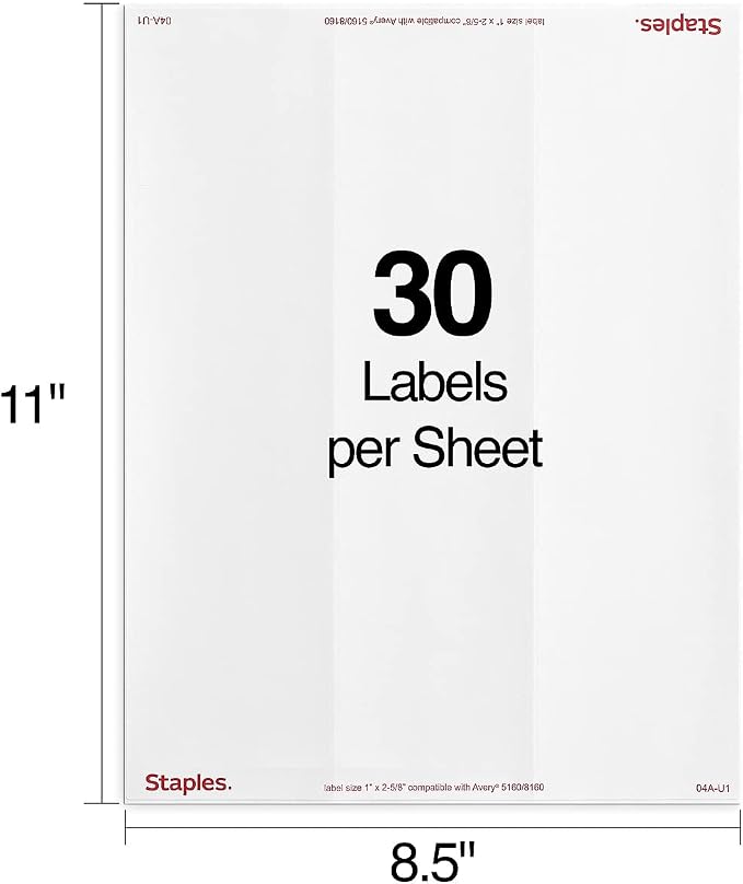 Staples Address Labels, 1" x 2‑5/8", White, Laser/Inkjet Compatible, Easy‑Peel, Permanent Adhesive, 30 Labels/Sheet, Bulk 60,000/Carton