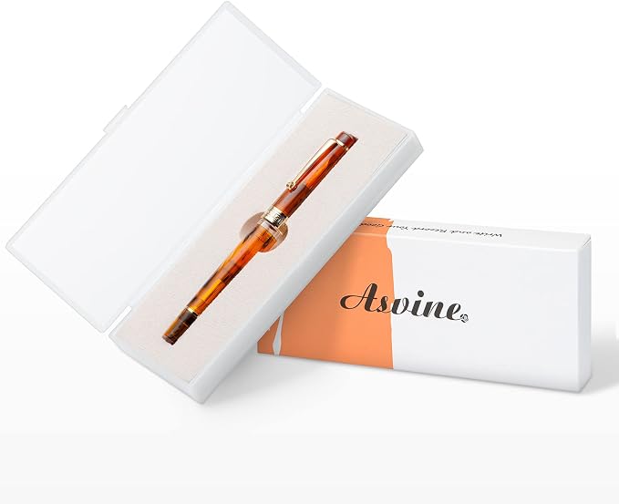 Asvine P20 Amber Fountain Pen Piston Filling, Gold Plated Fine Point Smooth Writer with Pen Gift Case