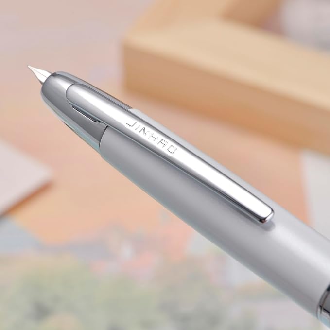 Jinhao 10 Press Fountain Pen with Box, Pearl White Retractable Extra Fine Nib with Ink Converter Set (Silver Clip)