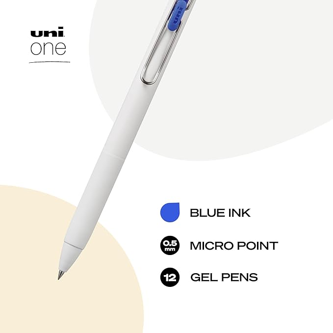 uniball™ one Retractable Gel Pens, Micro Point (0.5mm), Blue Ink, 12 Pack | Ink stays on top of paper fibers for crisp vivid lines, wire pocket clip, color indicator top, smooth barrel & rubber grip