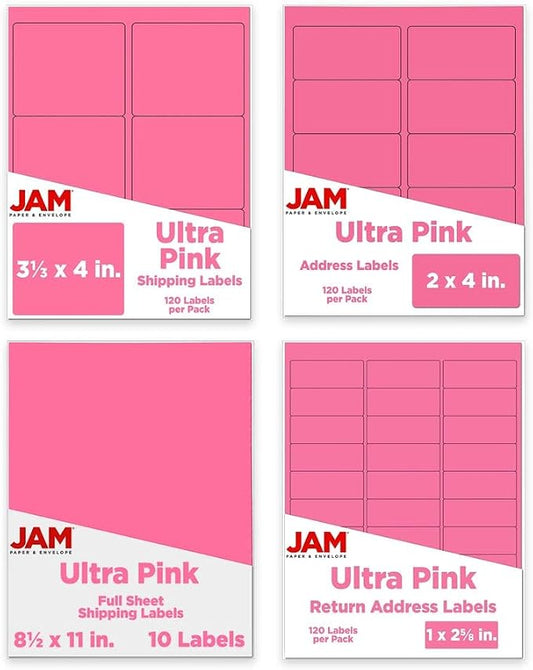 JAM PAPER Shipping & Mailing Address Labels - Multi Size Assortment - Ultra Pink - 370/Pack