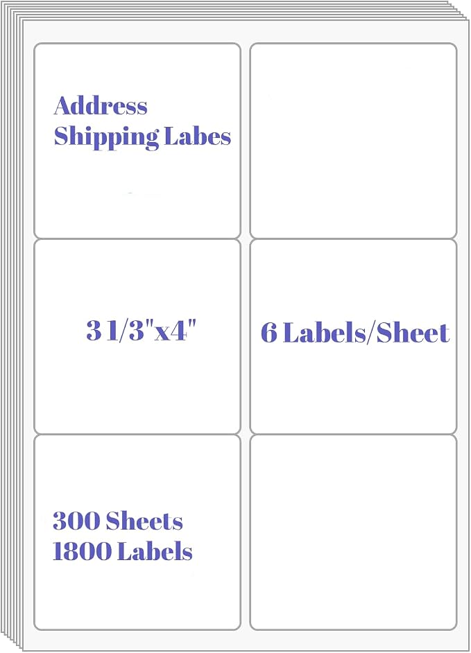 3-1/3" x 4"Address Labels, Shipping Labels for Laser/Inkjet Printer (300) | Self-Adhesive Mailing Labels, 6 up per Sheet Labels White Sticker Paper for Printers, Packages, FBA & Shipping Boxes