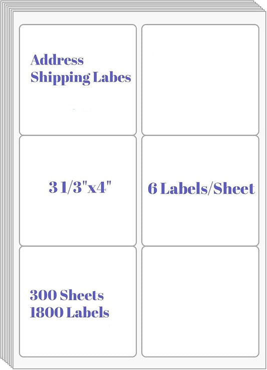 3-1/3" x 4"Address Labels, Shipping Labels for Laser/Inkjet Printer (300) | Self-Adhesive Mailing Labels, 6 up per Sheet Labels White Sticker Paper for Printers, Packages, FBA & Shipping Boxes