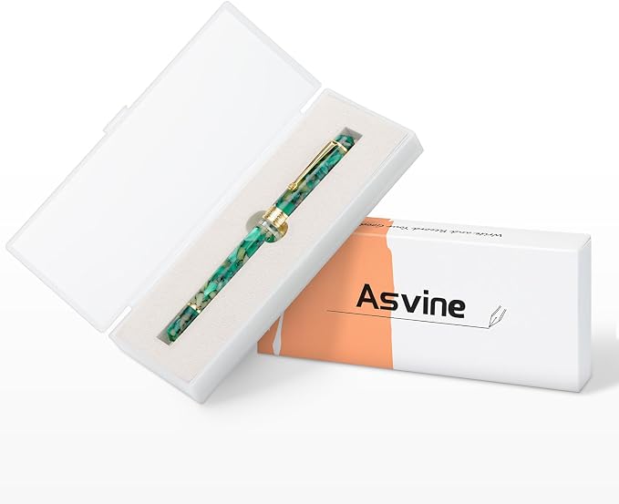 Asvine P20 Piston Fountain Pen, Stub Nib 1.1mm Calligraphy Art Drawing Green Marble Acrylic with Case Set