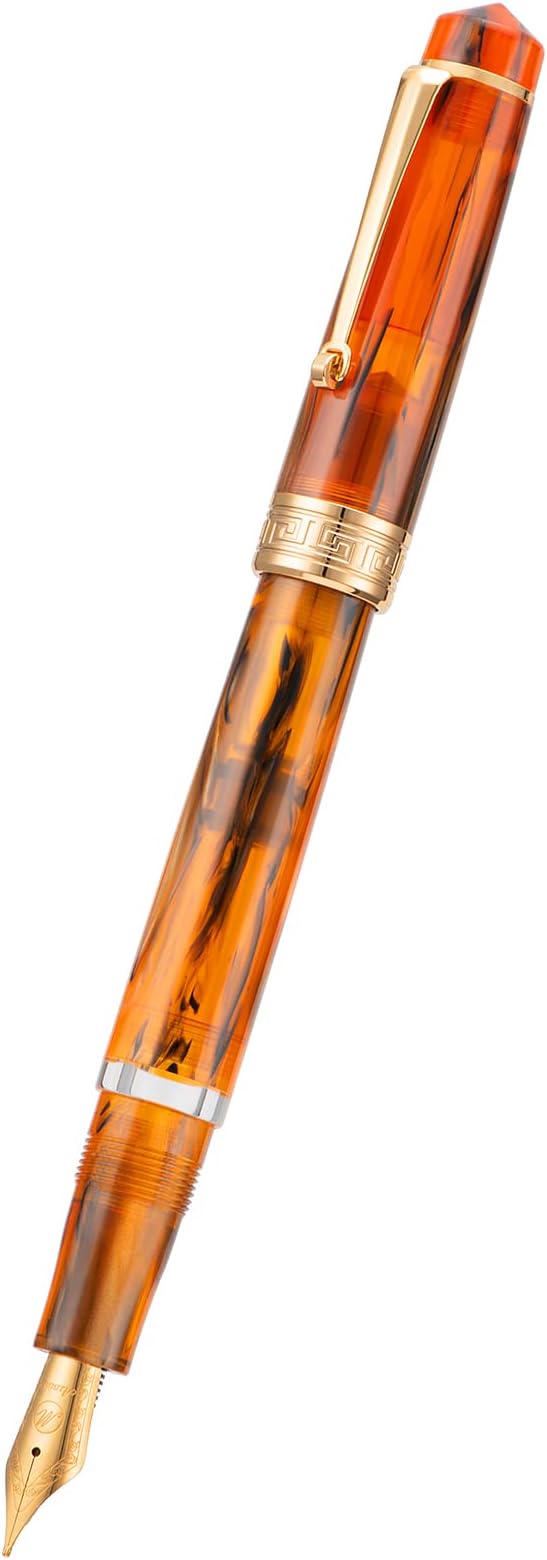 Asvine P20 Piston Fountain Pen Amber Resin, Iridium Medium Nib Gold Trim Smooth Writer Collection with Case Set