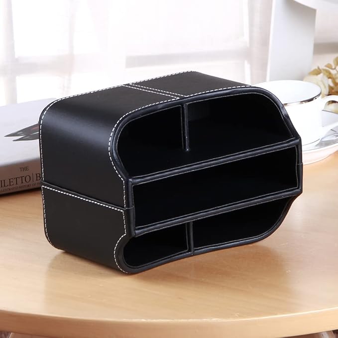 Remote Control Holder,360°Rotatable Office Desk Stationery Supply Organizer | PU Leather Desktop Storage Box for Media Controllers,Bedside Table Spinning TV Remote Caddy for iPad,Mobile,Pencil,Makeup