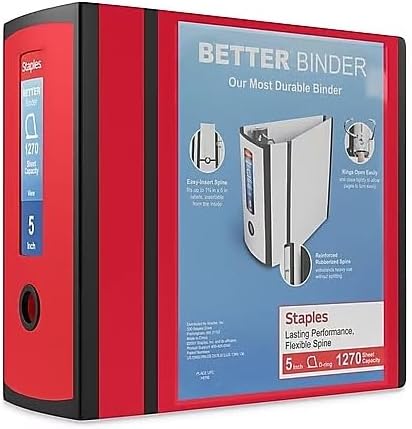 Staples Better Binder, 5" Extra‑Capacity Heavy‑Duty D‑Ring Binder, Red, Reinforced Spine, Holds 1,050 Sheets, High‑Capacity Office & Records Organizer, 2‑Pack