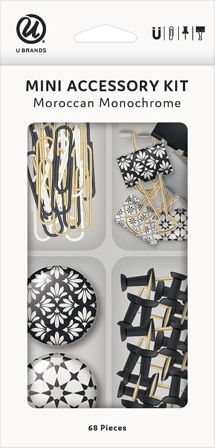 U Brands Office Accessory Kit, Office Supplies, Includes 2 Magnets, 6 Small Binder Clips, 36 Paper Clips, and 24 Standard Push pins, Moroccan Monochrome