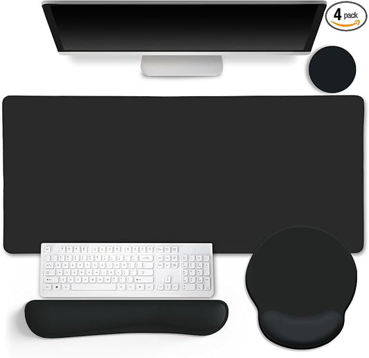 LIMKRIAN Black Large Mouse Pad Set, XXL Desk Matt for Desktop Decor | Ergonomic Wrist Rest Mouse Pad, Computer Keyboard Mat Wrist Support, Coaster, Gaming Mousepad Home Office Desk Accessories