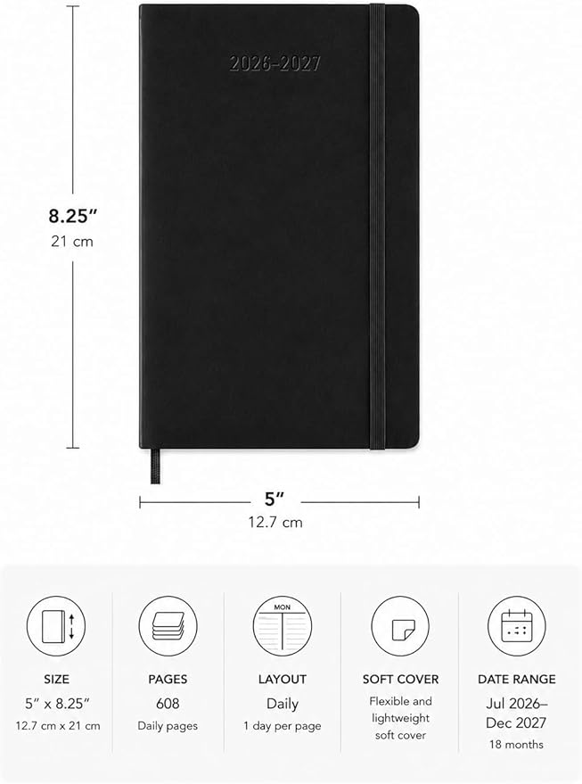 Moleskine Classic 18 Month 2026-2027 Daily Planner, Soft Cover, Large (5" x 8.25"), Black, 608 pages