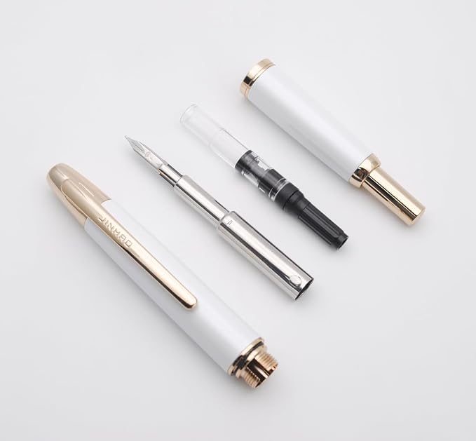 JINHAO 10 Press Fountain Pen, Retractable Metal Pen with Ink Converter (F Nib 0.5mm, Pearl White – Golden Clip)