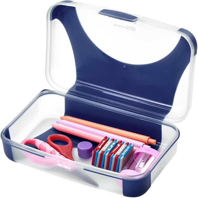 LockerMate by Bostitch Hard Pencil Case, Durable Plastic Pencil Box, Kid-Friendly Design, Navy & Clear