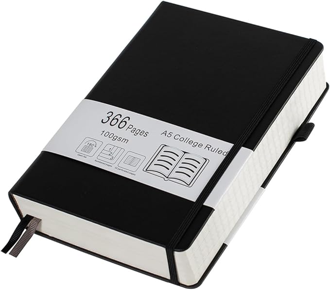 Thick College Ruled Notebook with 366 Numbered Pages, A5 Journals for Writing with 100GSM Lined Paper, Hardcover Leather Notebooks for Women Men School Note Taking Office Work Diary, 5.7"x8.3" Black