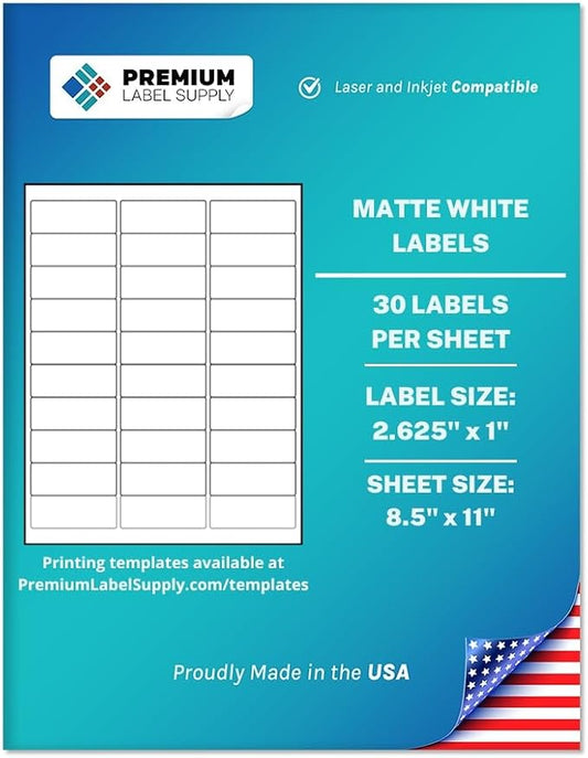 Premium Label Supply White Address Sticker Labels – 2.625" x 1" – Laser/Inkjet Compatible – (30 per Sheet), 2000 Sheets - 60,000 Total Adhesive FBA Labels