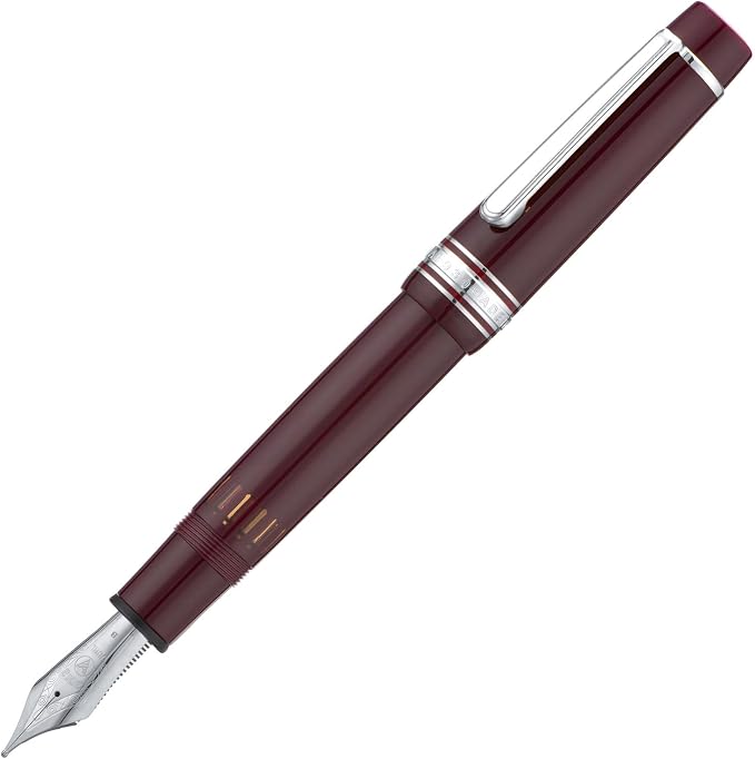 Wikult Yongsheng Junlai 930 Acrylic Fountain Pen, Size 9 Medium Nib with Piston Filling System, Wine Red Fence Ink Tank with Flat Top Design Smooth Writing Pen (Silver Trim)