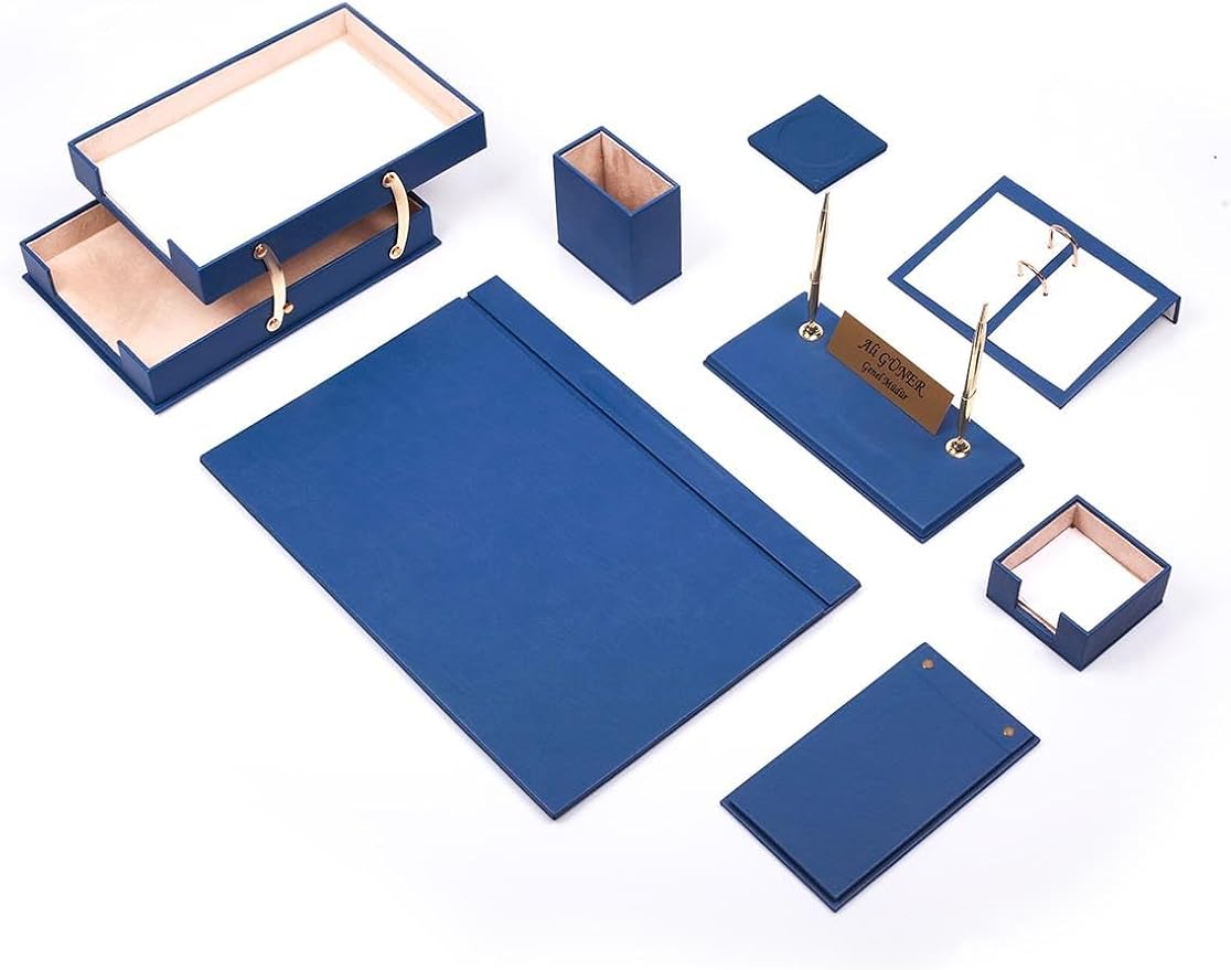 Luna Luxury Leather Desk Set for Men – 10 Piece Executive Office Desk Organizer Set with Document Tray, Desk Pad, Pen Holder, A5 Agenda with Fountain Pen Set – Multiple Color Options (Blue)