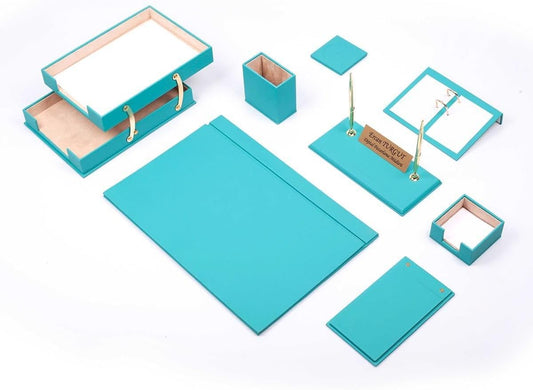 Luna Luxury Leather Desk Set for Men – 10 Piece Executive Office Desk Organizer Set with Document Tray, Desk Pad, Pen Holder, A5 Agenda with Fountain Pen Set – Multiple Color Options (Turquoise)