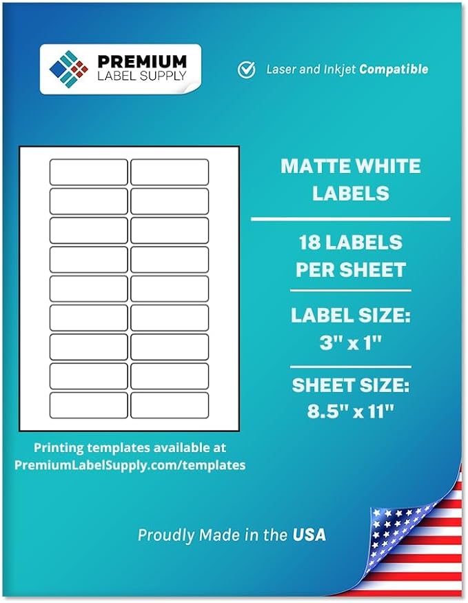 Premium Label Supply White Sticker Address Labels – 3" x 1" – Laser/Inkjet Compatible – (18 per Sheet), 25 Sheets – 450 Total Adhesive Labels