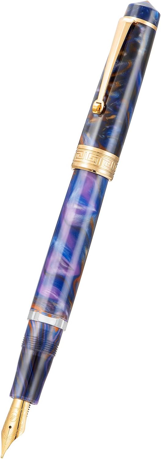 Asvine P20 Piston Fountain Pen Purple Resin, Iridium Extra Fine Nib Gold Trim Business Signature, Smooth Writer Collection with Case Set