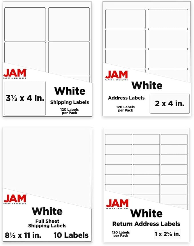 JAM PAPER Shipping & Mailing Address Labels - Multi Size Assortment - White - 370/Pack