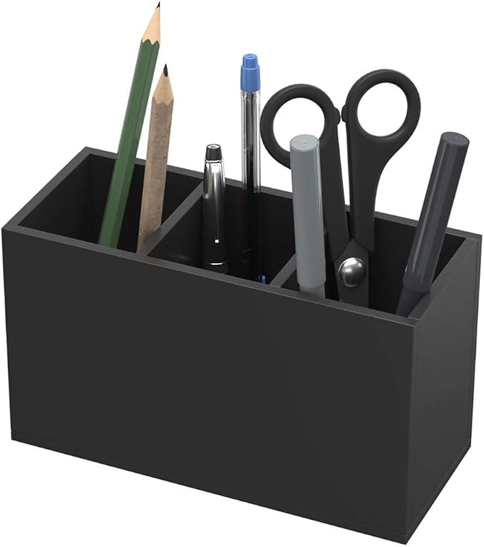 NIUBEE Acrylic Pen Holder 3 Compartments, Black Pencil Organizer Cup for Countertop Desk Accessory Storage