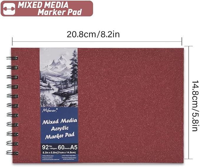5.8" x 8.3" Mixed Media Sketch Book,Spiral Bound Hardcover Sketchbook,60 Sheets 92lb/150gsm Neutral White Acid Free Paper,Art Journal Sketchbook for Drawing Writing Sketching Illustration,Wine Red