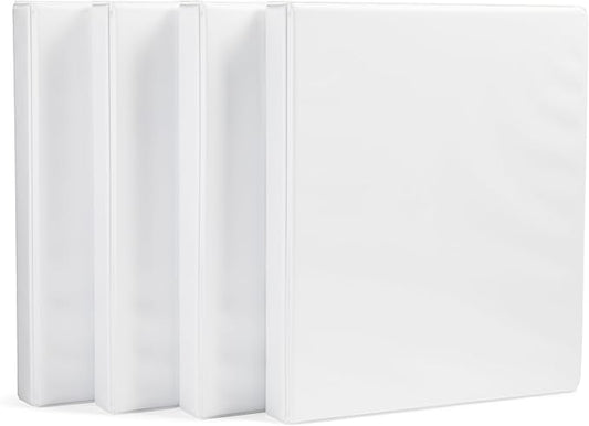 Amazon Basics 3-Ring Binder with Round Rings and Interior Pockets, 1-Inch, White, 4-Pack