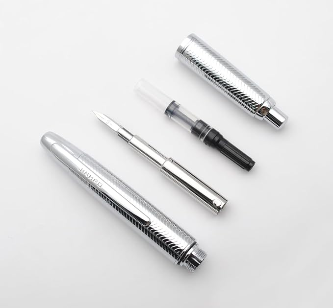 JINHAO 10 Press Fountain Pen, Retractable Metal Pen with Ink Converter (EF Nib 0.38mm, Wavy Texture Bright Silver)
