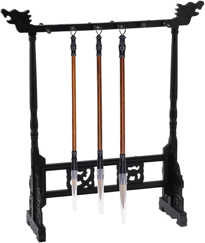 PH PandaHall 12-Pin Brush Holder Resin Brush Holder Chinese Calligrapghy Brushes Hanger Carving Calligraphy Sumi Holder with 3pcs Wood Chinese Calligraphy Brushes Pen for Students and Beginners