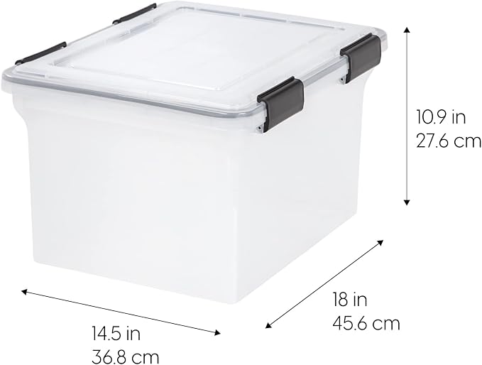 IRIS USA WeatherPro File Box Organizer, Letter/Legal, 32 Qt. Clear | Protect files and paperwork with a durable design featuring secure closure and convenient organization