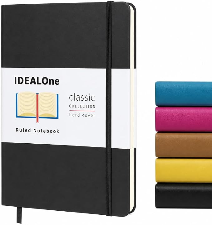 IDEALOne Black 5 pack, Hardcover Leather Journal Notebook Lined–A5 (5.7 x 8), College ruled Journaling Notebooks,160 pages, 100GSM Paper, Journal for Women,Men,Teens