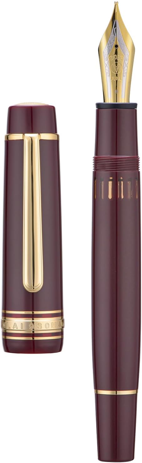 Wikult Yongsheng Junlai 930 Acrylic Fountain Pen, Size 9 Fine Nib with Piston Filling System, Wine Red Fence Ink Tank with Flat Top Design Smooth Writing Pen (Gold Trim)