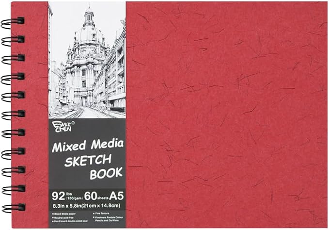 5.8x8.3in Sketch Book, 60Sheets Spiral Bound Notebooks, Natural White 92lbs/150gsm Acid-Free Drawing Paper for Painting,Sketching, Professional Sketch Pad for Artists, Beginners. NW-Red