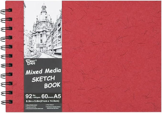5.8x8.3in Sketch Book, 60Sheets Spiral Bound Notebooks, Natural White 92lbs/150gsm Acid-Free Drawing Paper for Painting,Sketching, Professional Sketch Pad for Artists, Beginners. NW-Red
