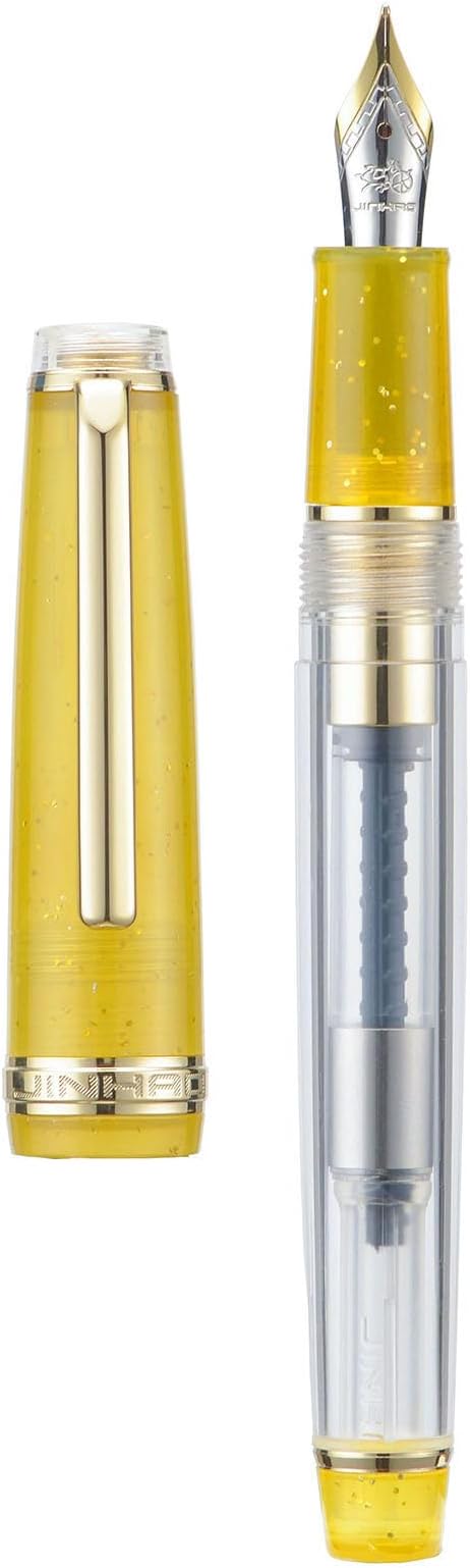 Jinhao 82 Acrylic Fountain Pen, Iridium Fine Nib with Ink Converter, Vintage Mustard Yellow & Transparent Color Classic Design Smooth Writing Pen (Gold Trim)
