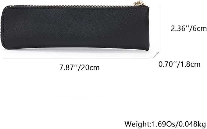 Faux Leather Pencil Case Slim Pencil Pouch Durable Zipper Stationery Bag Small Travel Use（Black/FL）