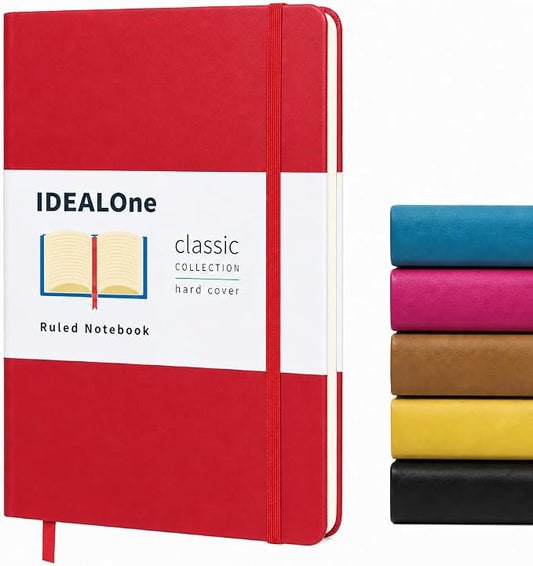 IDEALOne Dotted Hardcover Leather Notebook Journal – Work, Home, School, 5.7 x 8 inches, 7mm wide, 160 Pages, 100GSM, with Elastic Band and Ribbon Bookmark (Scarlet Red, Single)