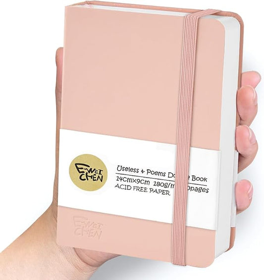 Mix Media Pad,3.5"x5.5" Small Hardcover Leather Art Sketchbook,60 Sheets(112lb/180gsm) Heavyweight Acid Free Artistic Painting Drawing Sketching Paper, Handy Pocket Journal Sketchbook.Pink