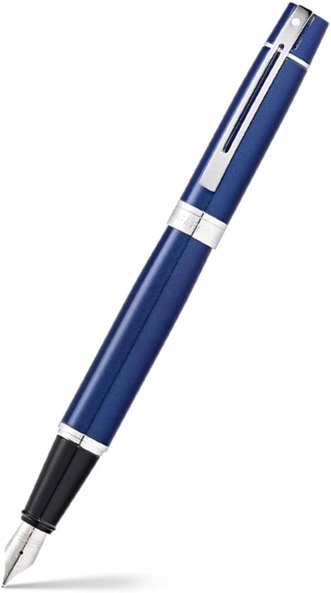 Sheaffer 300 Glossy Blue Lacquer Fountain Pen with Chrome-Plated Trim and Medium Nib