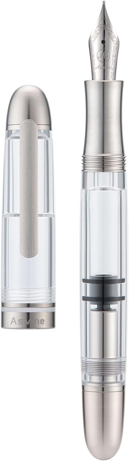 Asvine P36 Titanium Fountain Pen Piston Filling, Iridium Medium Nib Clear Transparent Acrylic Smooth Writing Pen Case Set