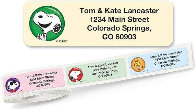 Colorful Images Peanuts Return Address Mailing Labels, Personalize with Name & Shipping Address, Set of 500 Self Adhesive, Easy Peel Rolled Sticker Label Roll