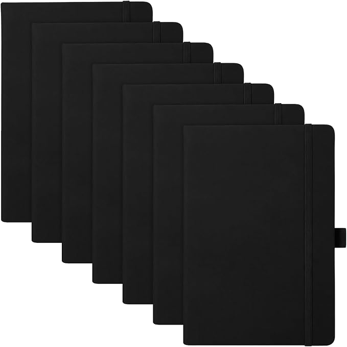 Laumoi 7 Pack Hardcover Journal Notebooks Bulk A5/A4/B5 Journaling Notebook Wide Ruled PU Leather Ruled Lined Journals with Pen Holder for School Business Work Writing (Black,A4)