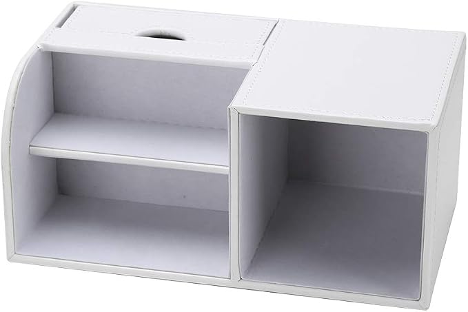 KINGFOM Desk Organizer Office Supplies Caddy Pu Leather Multi-function Storage Box Pen/Pencil,Cell phone, Business Name Cards Remote Control Holder with Small Drawer White