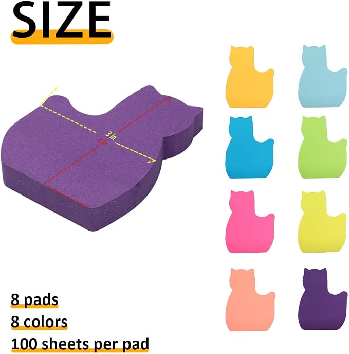 Sticky Notes, Cute Cat Sticky Notes 8 Pads 8 Colors Self-Stick Stickies Funny Note Pads 100 Sheets Teacher Back to School Supplies and Oﬃce Products