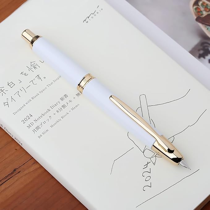 erofa Majohn A1 Press Fountain Pen Fine Nib with Box, Retractable White Metal Ink Pen with Converter Writing Set (Golden Clip Version)