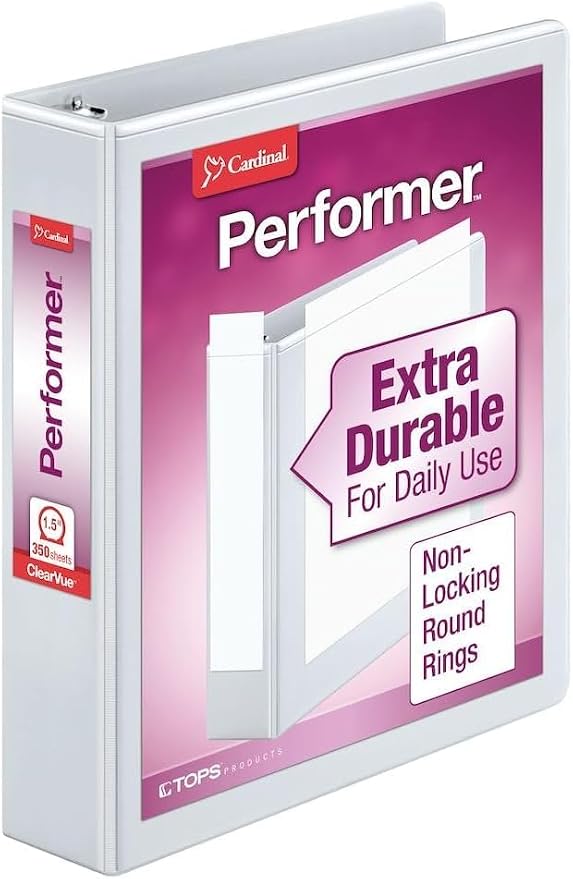 Cardinal Binder Performer with ClearVue Covers, 1.5" Round Rings, 350-Sheet Capacity, White (Pack of 12)