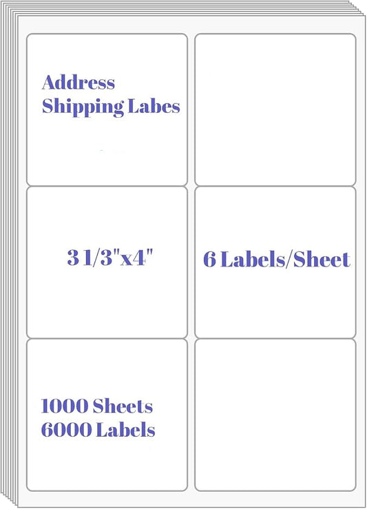 6 UP Labels, 4" x 3-1/3" Shipping Address Labels for Laser Inkjet Printer, Self Adhesive, Blank Mailing Ssticket Paper (1000 Sheet=6000) | Mailing Labels, Self Adhesive White Sticker Paper, Blank Mailing Paper (1000 Sheet=6000 Labels)