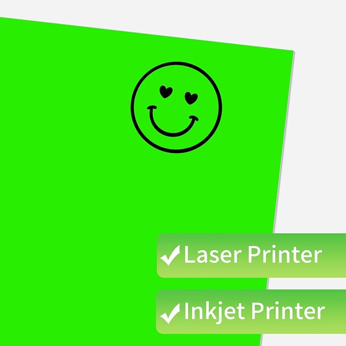 Neon Green Printable Sticker Paper, 25 Sheets Fluorescent Green Matte Printable Sticker Paper, Laser/Inkjet Printing- Letter Size (8.5" x 11")