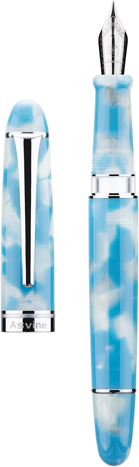 Asvine P50 Piston Fountain Pen Sky Blue Resin, Extra Fine Nib Gold Trim Smooth Writer Collection with Pen Case Gift Set